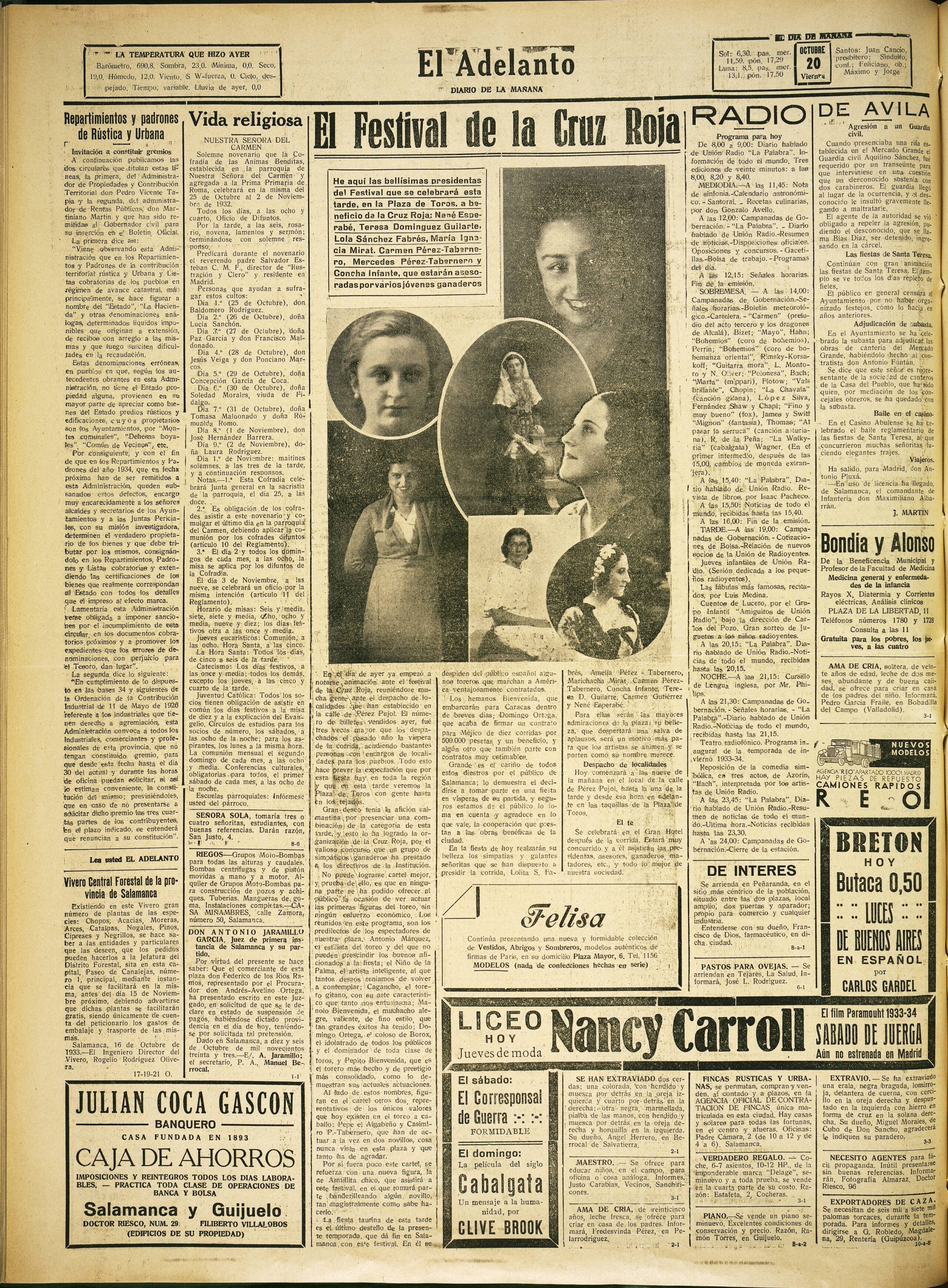 Periódico El Adelanto. Viernes 20 de octubre de 1933. El anuncio aparece en el lateral derecho.