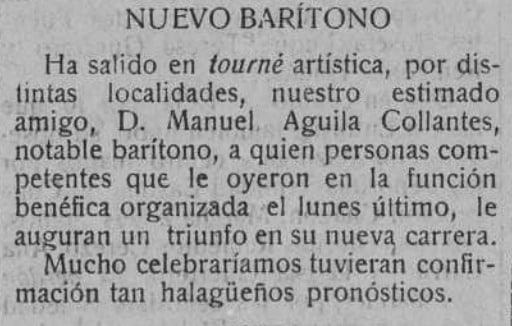 Manuel Águila Collantes, bisabuelo de C. Tangana de gira artística. Año 1921. El Sol de Antequera