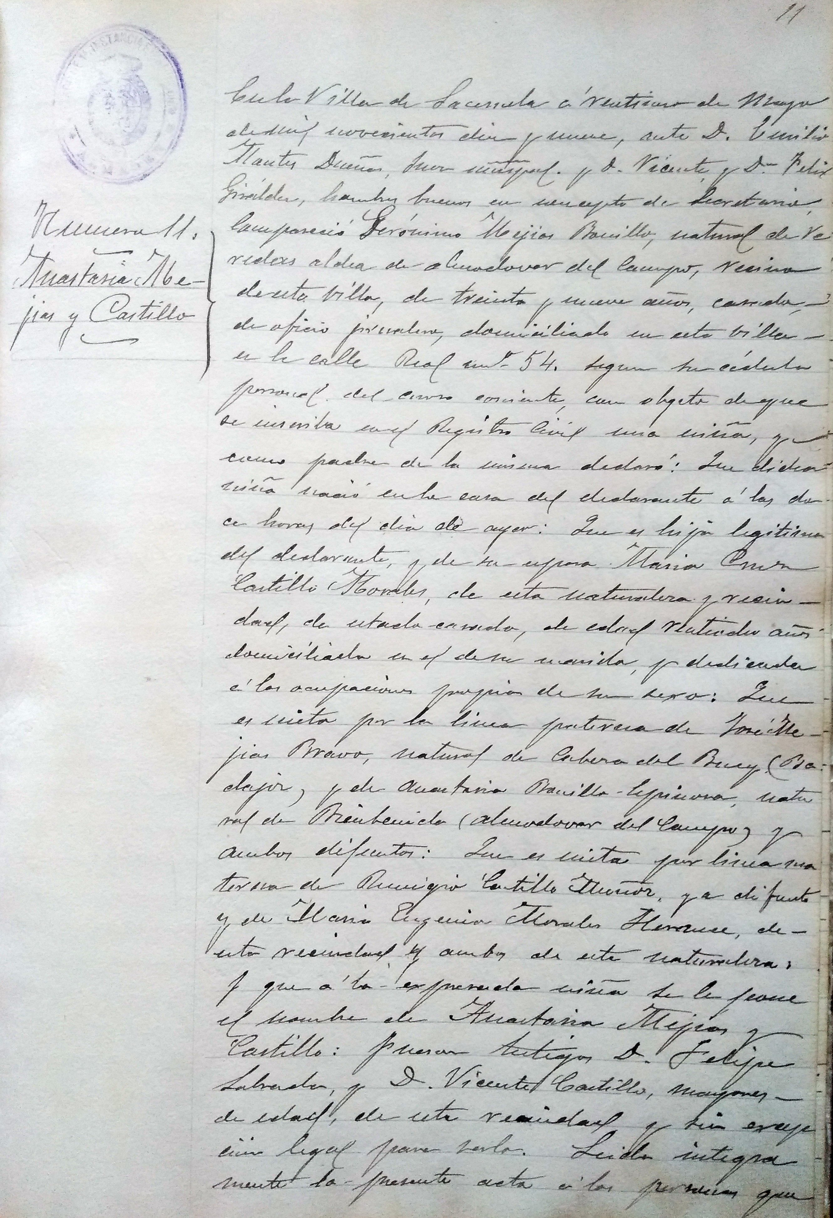 Acta de Nacimiento de Anastasia Mejías y Castillo, abuela de Luis García.
