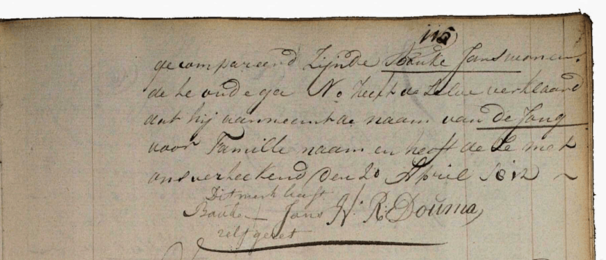 Bouk registrando su apellido «de Jong». Oudega, Nijega, Opeinde, Rottevalle 1812-1925