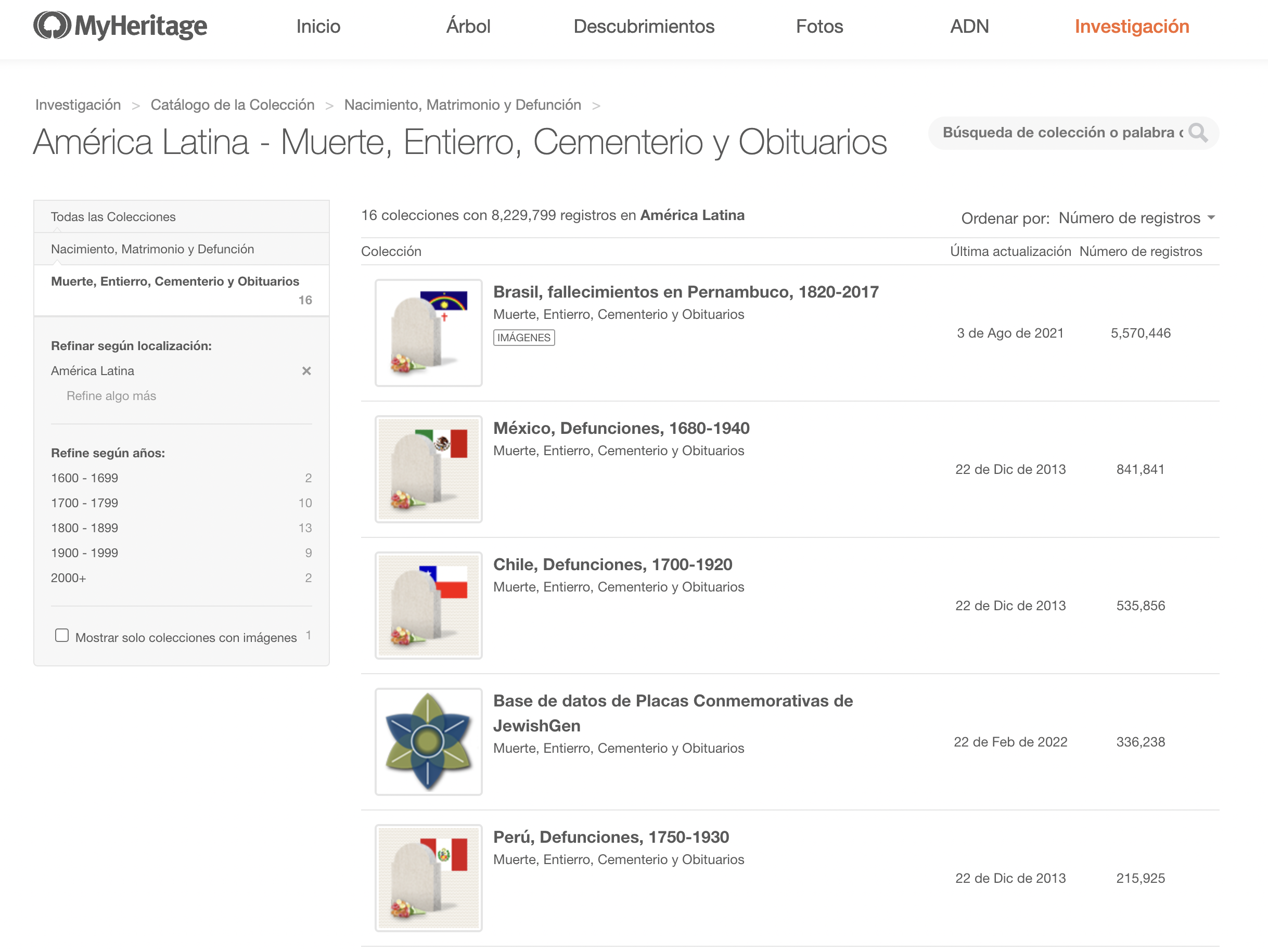 Registros relacionados con las defunciones en MyHeritage (en este caso de América Latina).
