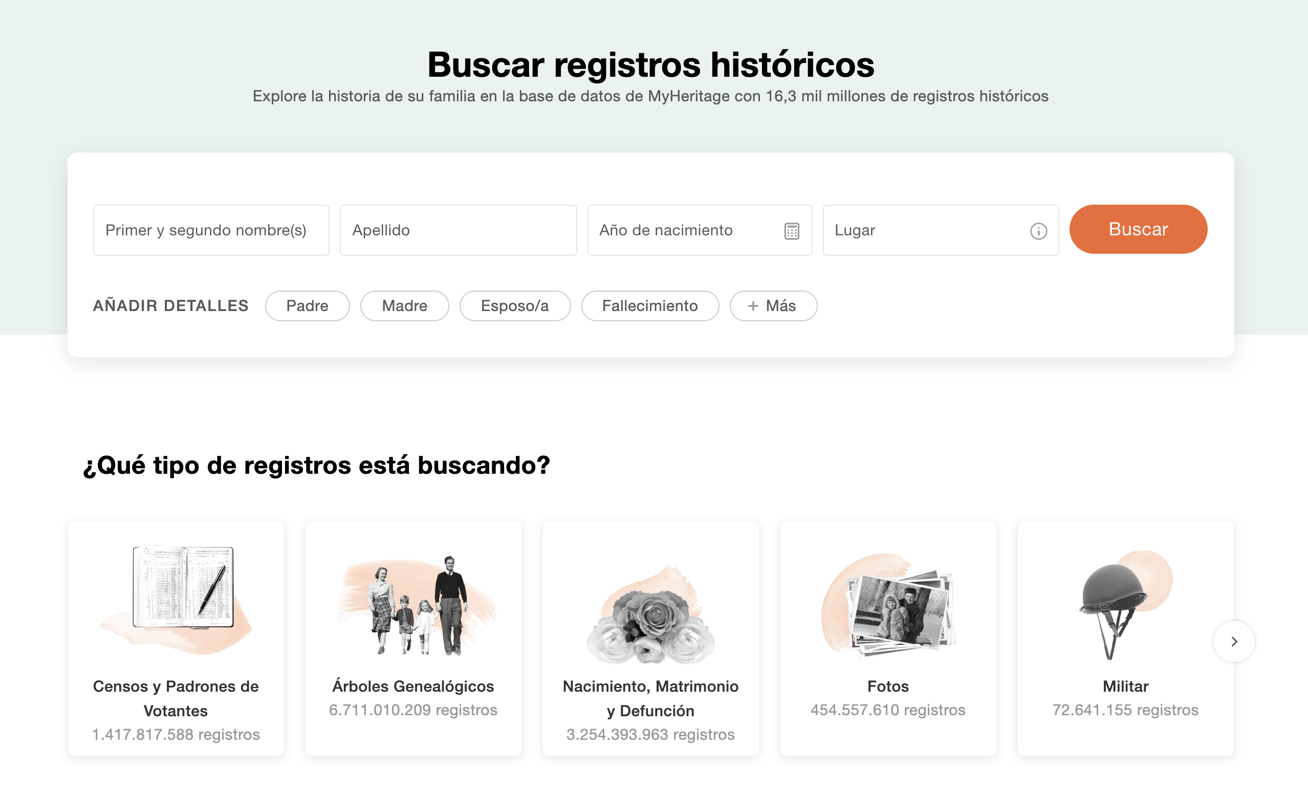 La pantalla inicial de búsqueda de registros en MyHeritage