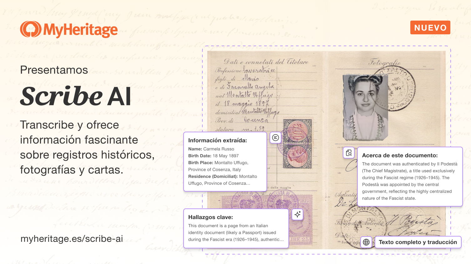 Presentamos Scribe AI: Transcribe, interpreta y recibe información fascinante sobre los documentos y fotos históricos de tu familia, y los registros de MyHeritage