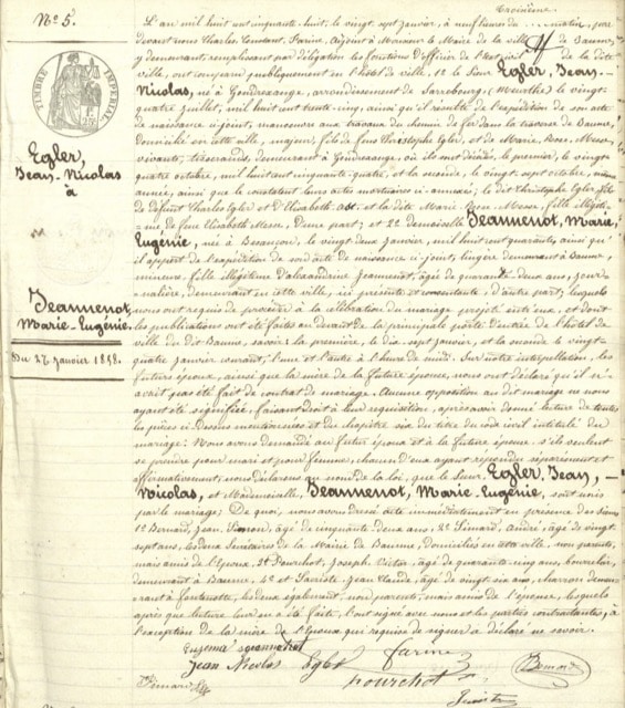 Certificado de matrimonio de Jean-Nicolas EGLER y Marie Eugénie JEANNENOT-1858- Baumes les Dames