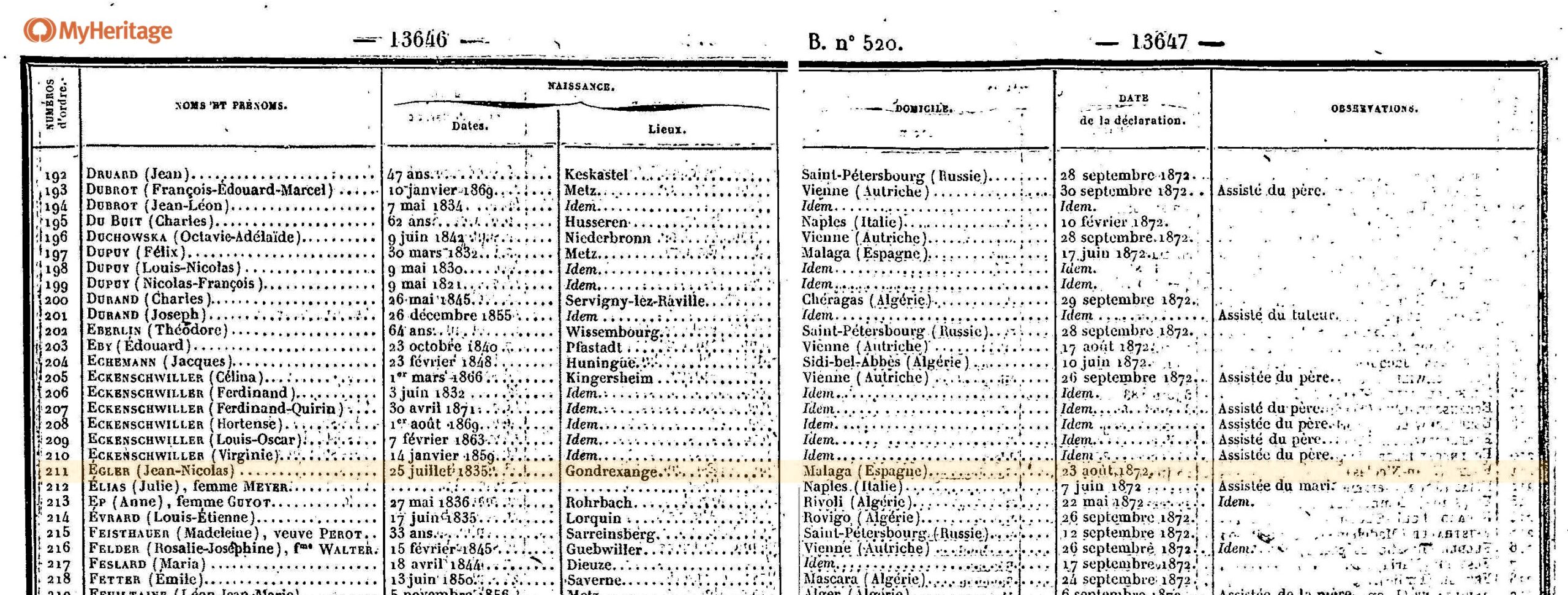La opción de nacionalidad para Jean Nicolas EGLER en 1872 (Créditos: Filae MyHeritage) Haga clic para ampliar