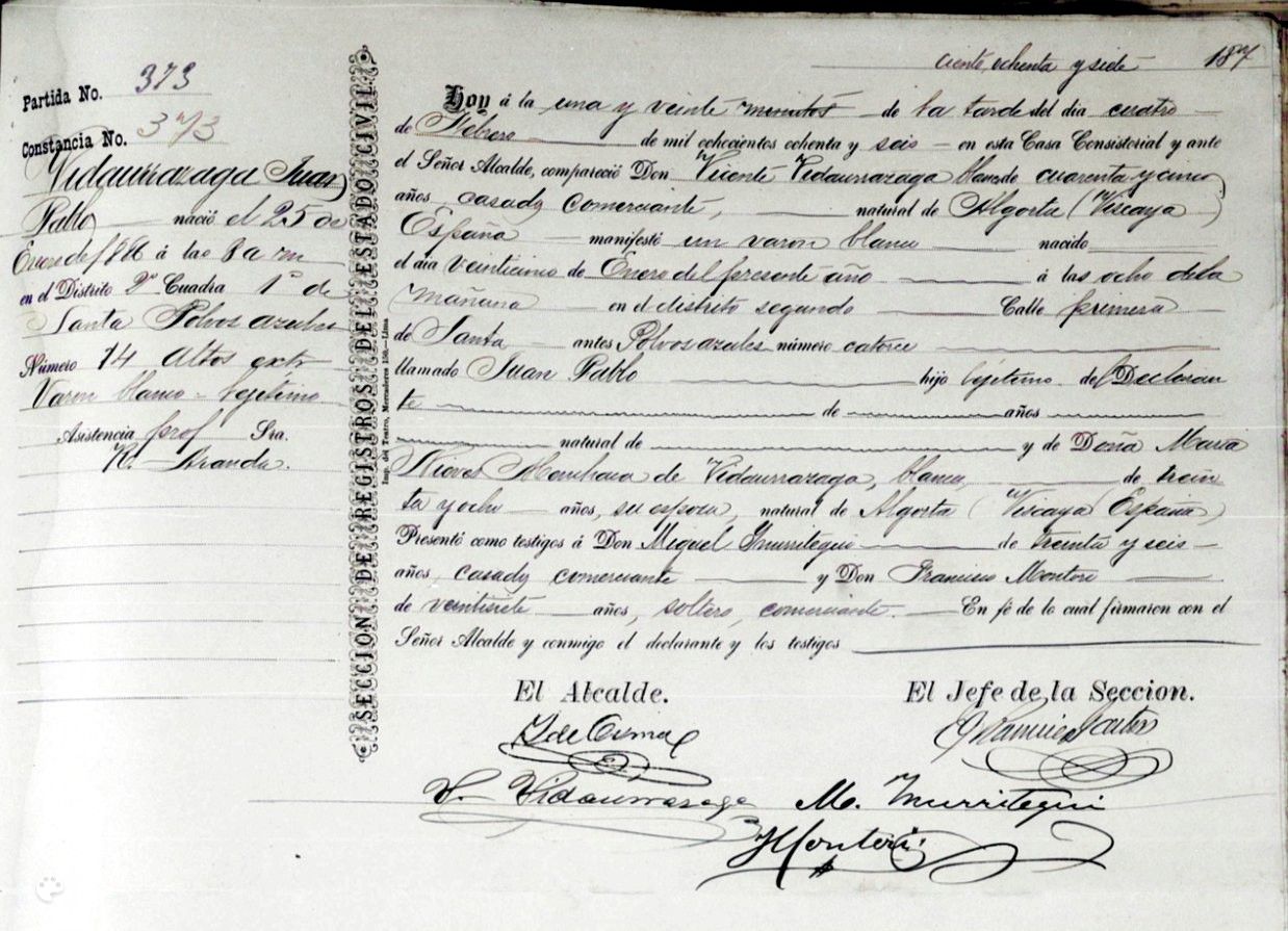Acta de Nacimiento de Juan Pablo Vidaurrazaga Menchaca, bisabuelo de Miguel Herrán, año 1886. (Clic para ampliar)