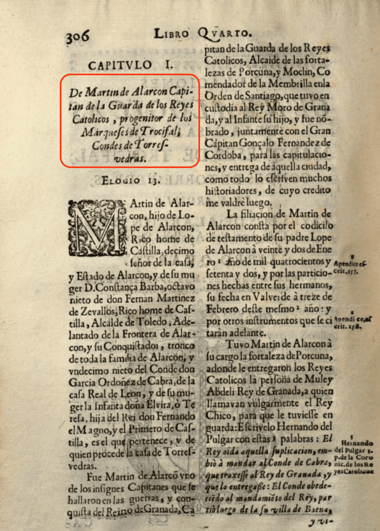 Martín de Alarcón, antepasado de Pablo Iglesias. Créditos: Relaciones Genealógicas de la Casa de los Marqueses de Trocifal. Año 1656