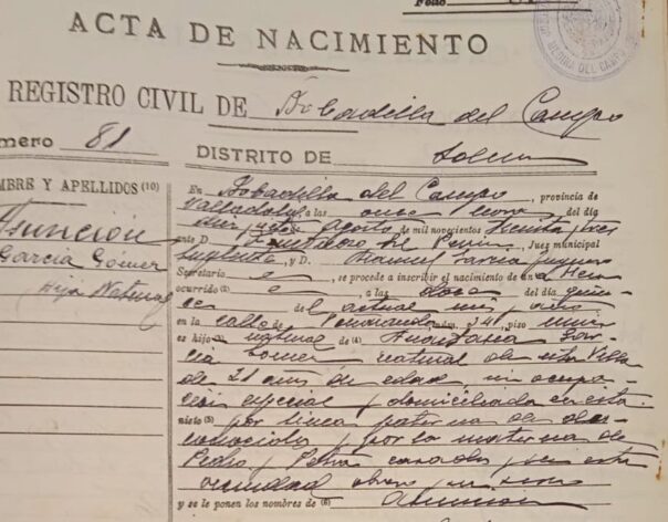 Fødselsattesten for Vicenta Ruiz, født Asunción García Gómez den 15. august, 1933. Kilde: Fødselsregister, Bobadilla del Campo, Valladolid, Spain