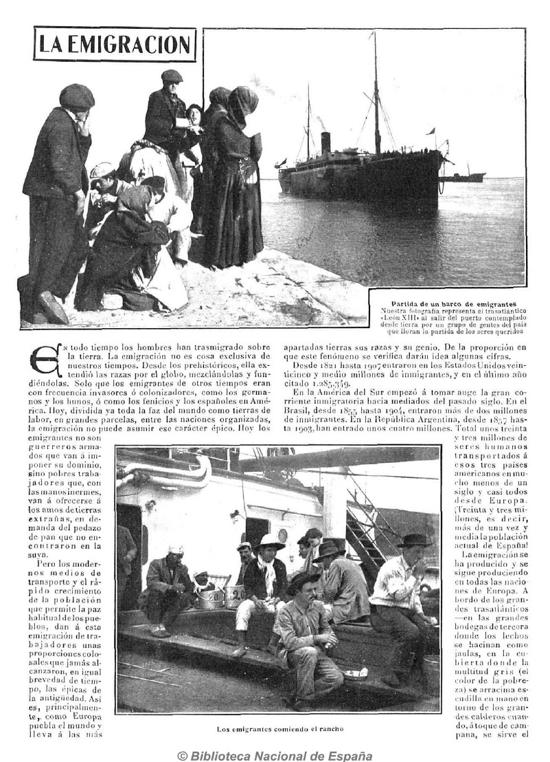 La Revista Nuevo Mundo, publicada en Madrid, en 1909 publica un artículo sobre los sentimientos que acompañan a la emigración.