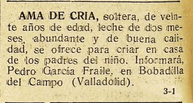 Annonse for en amme i avisen. Periódico El Adelanto, 20. oktober 1933.