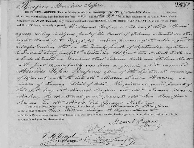 Registro de nacimiento de la bisabuela de Carmen Sevilla en Nueva Orleans, 1834