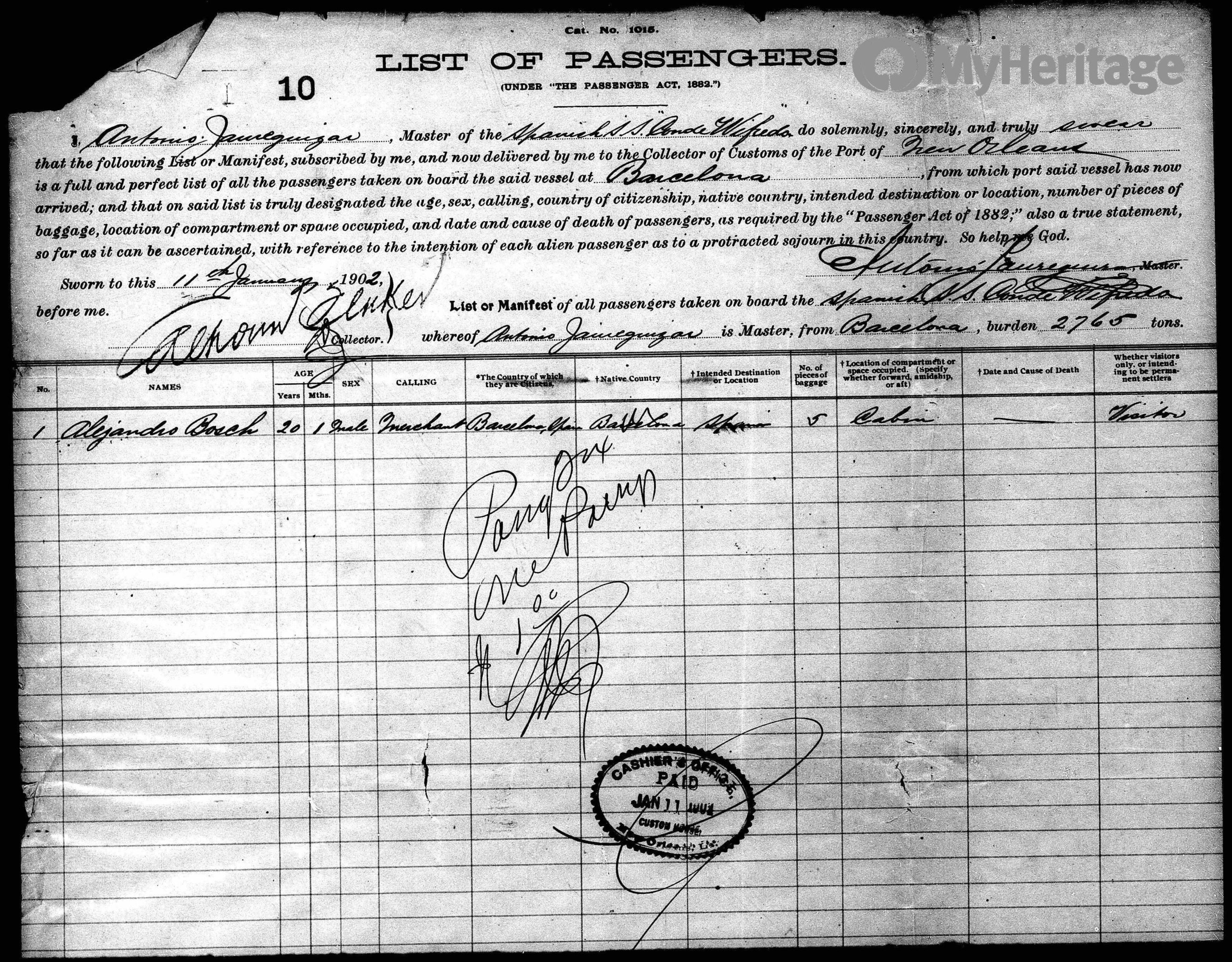 Lista de Pasajeros de 11 de Enero de 1902, Puerto de Nueva Orleans, E.E.U.U.