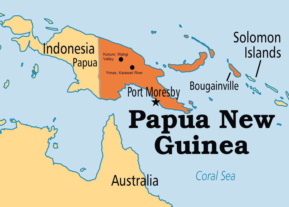 Mapa de Papúa, Nueva Guinea, resaltadas las ubicaciones de los pueblos que visitamos. (Click para ampliar).